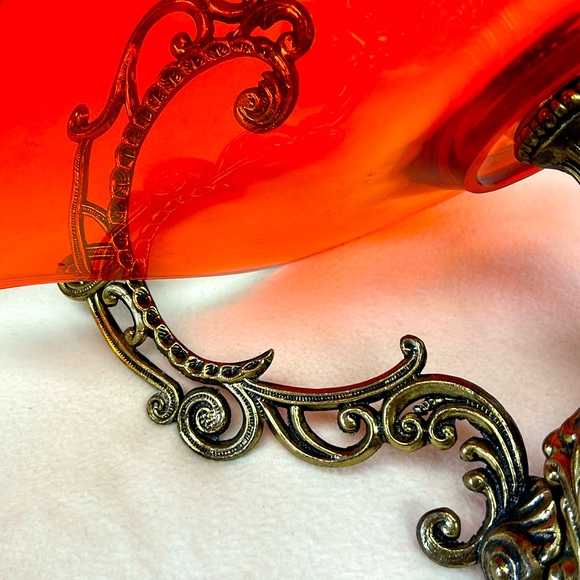 Mid Century orange glass centrepiece with cast metal Medusa faces base - Picture 8 of 15